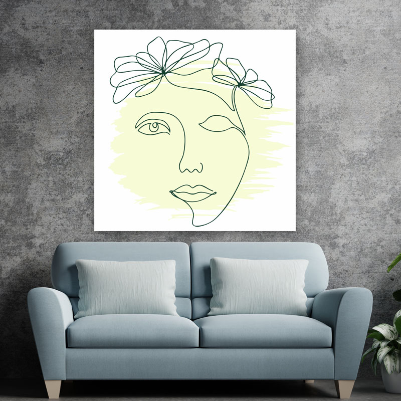 Πίνακας σε καμβά Line Art Woman and Flower in Lime